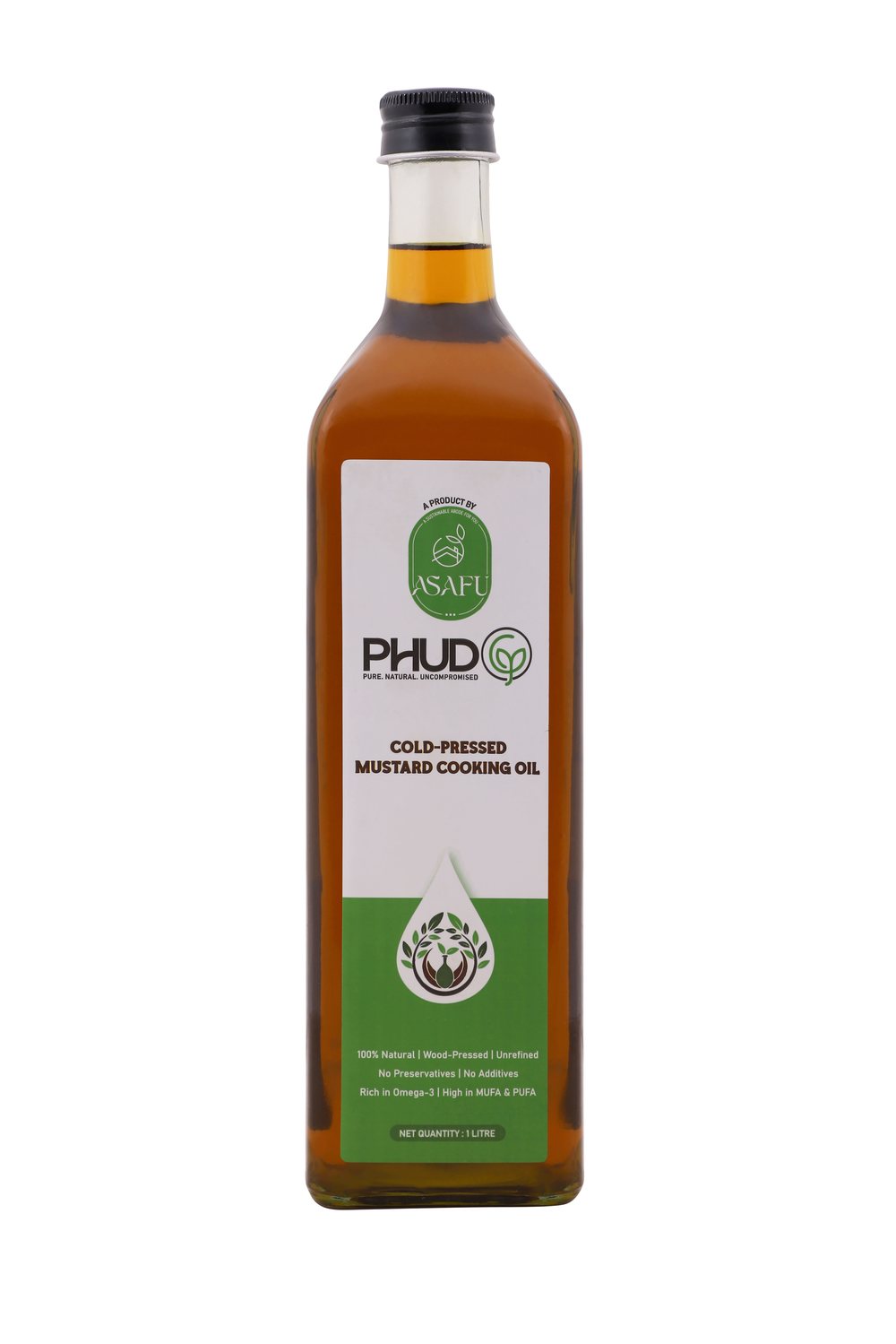 PHUDG cold-pressed black mustard oil bottle in a mustard field
