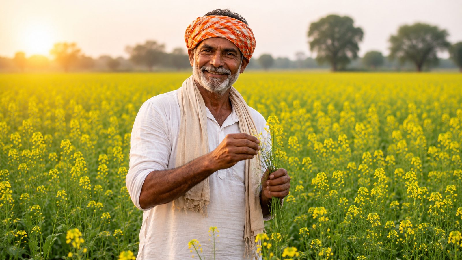 A farmer standing in a mustard field at sunrise