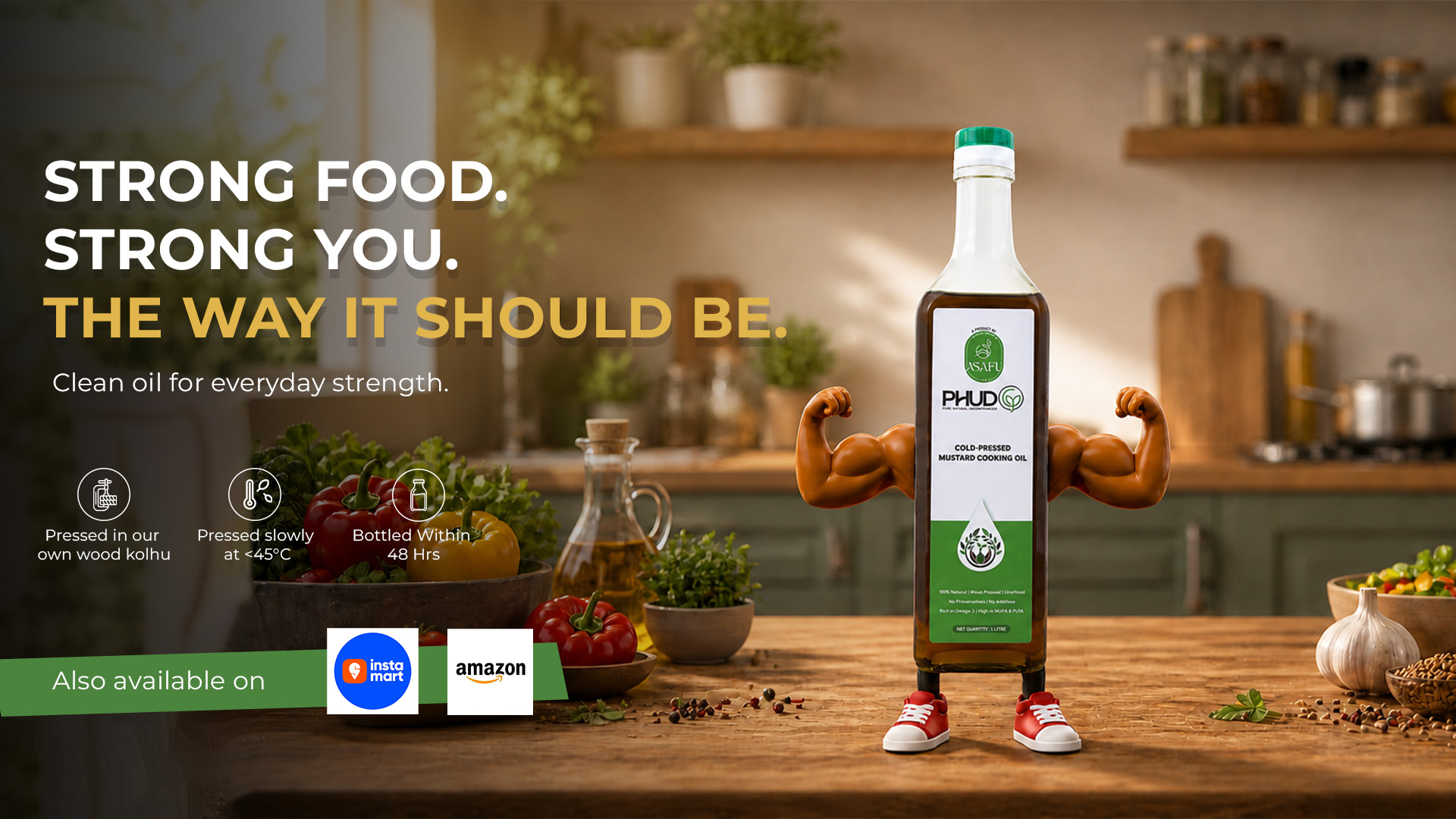 PHUDG cold-pressed mustard cooking oil surrounded by a family enjoying nutritious home-cooked food, representing purity, tradition, and togetherness.