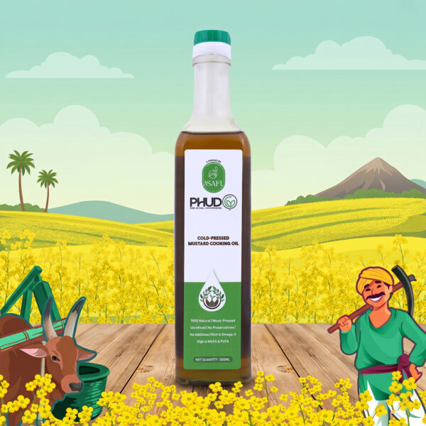 Asafu PHUDG Cold Pressed Mustard Oil 500ml | 100% Pure, Unrefined & Cold-pressed | Wooden Ghani