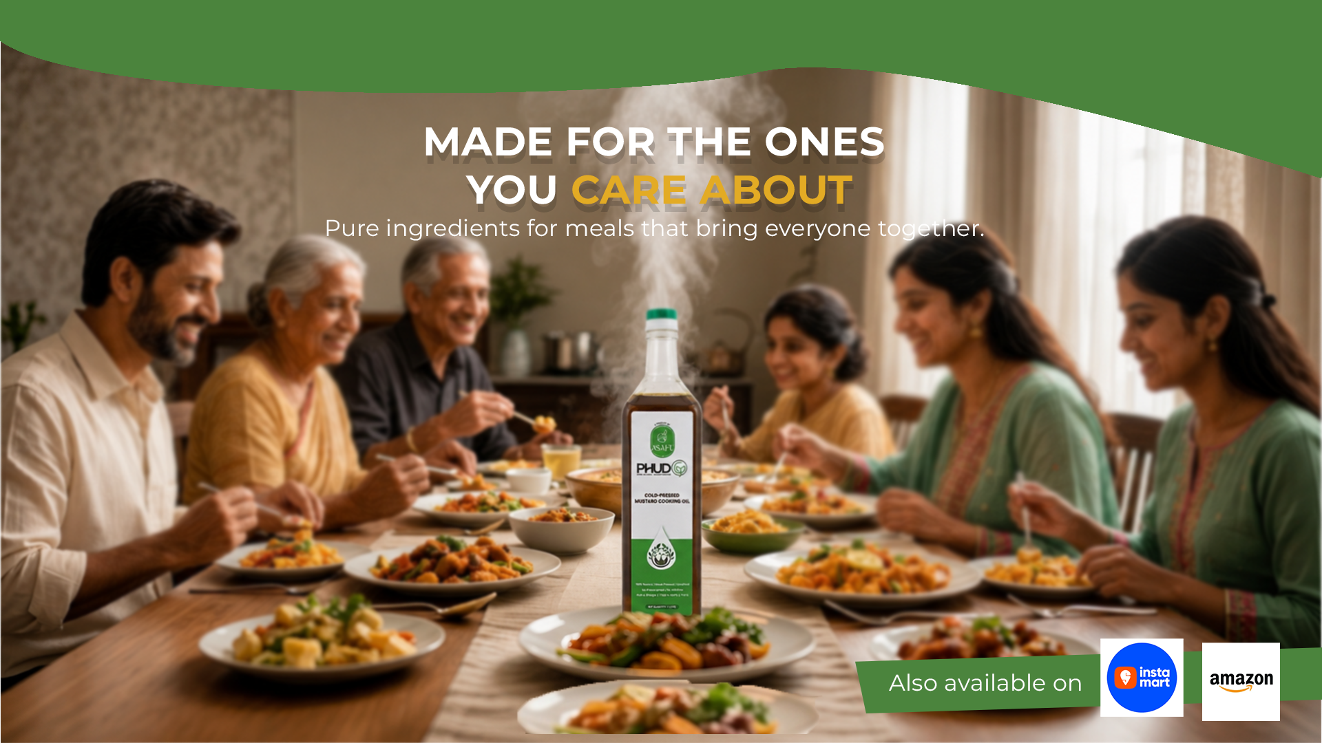 PHUDG cold-pressed mustard oil placed at the center of a family dining table, showcasing wholesome home-cooked meals and bringing generations together through pure, natural ingredients.
